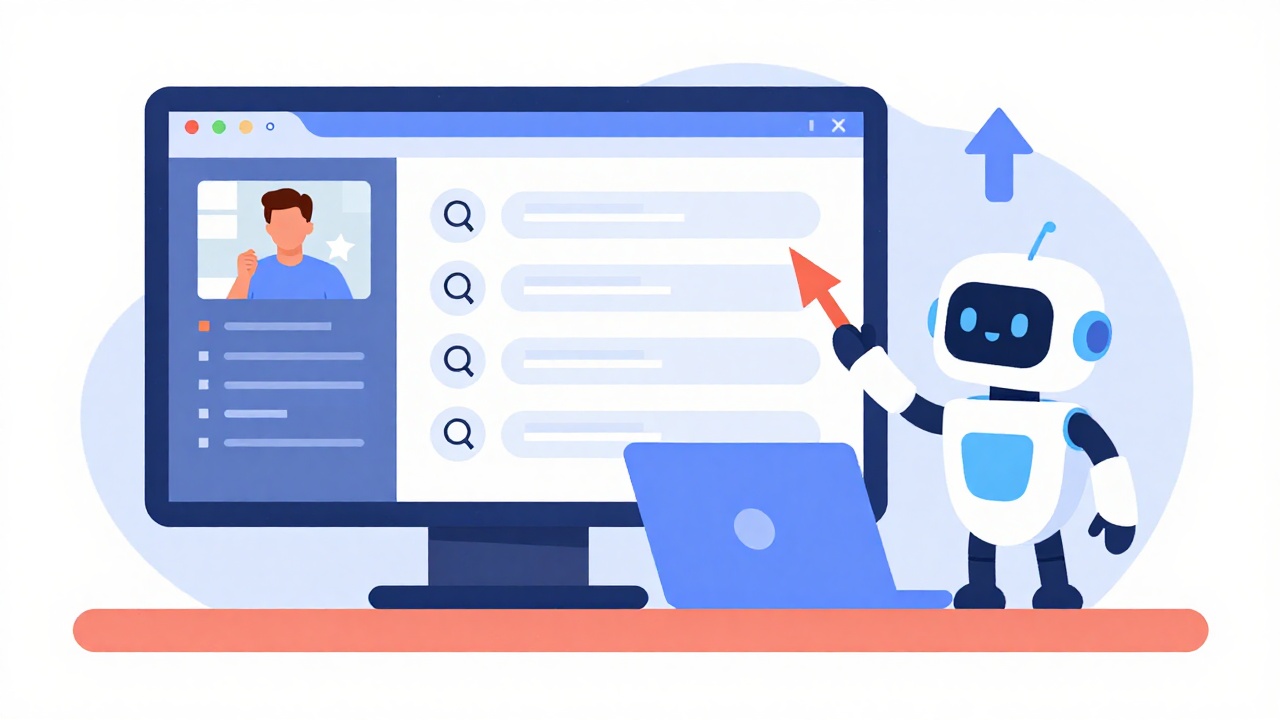 A creator reviewing video and search analytics with a small robot assistant pointing at a rising arrow