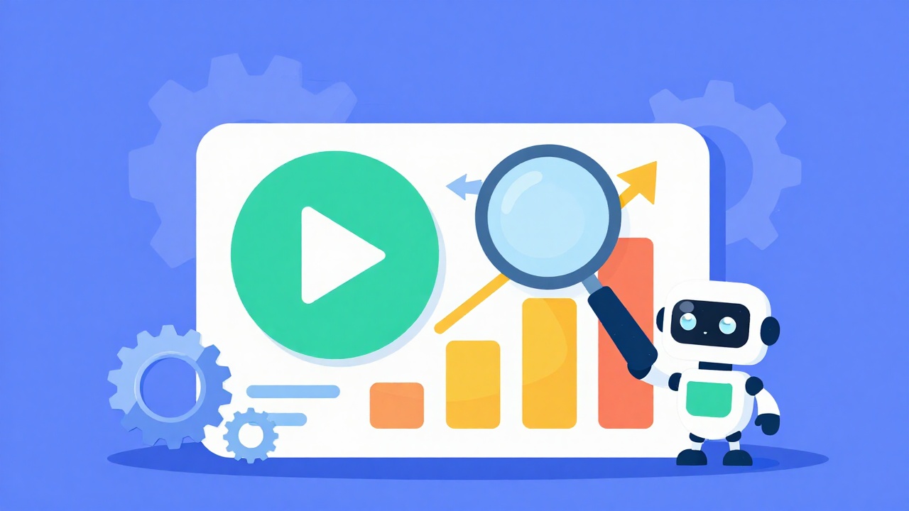 Illustration of a play button linked to a magnifying glass and a rising chart with a small robot assistant