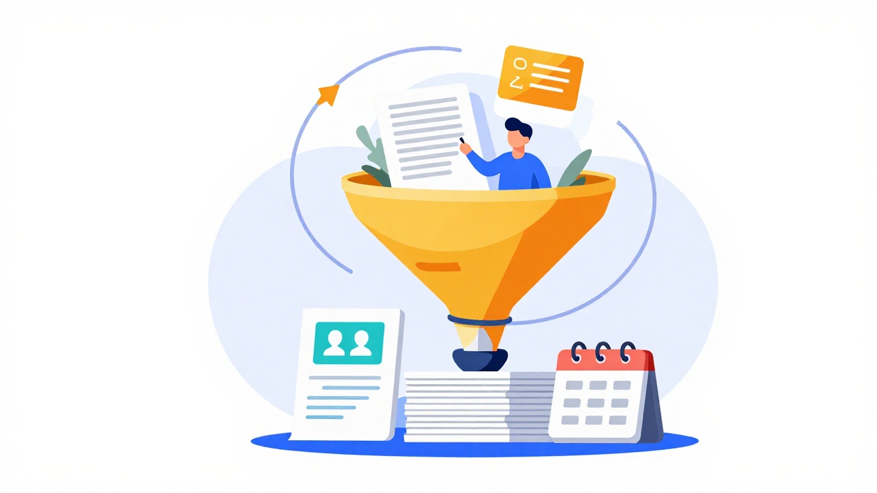 A funnel turning one video into a stack of documents and social cards with a recycling loop