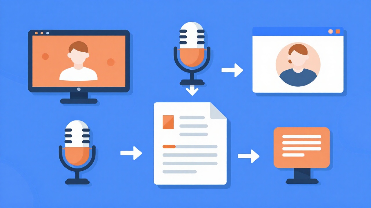 A video, a podcast microphone, and a webinar window all converting into a single article