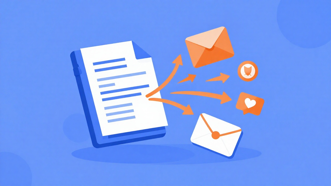 Illustration of one video repurposed into a blog post, a newsletter and social content