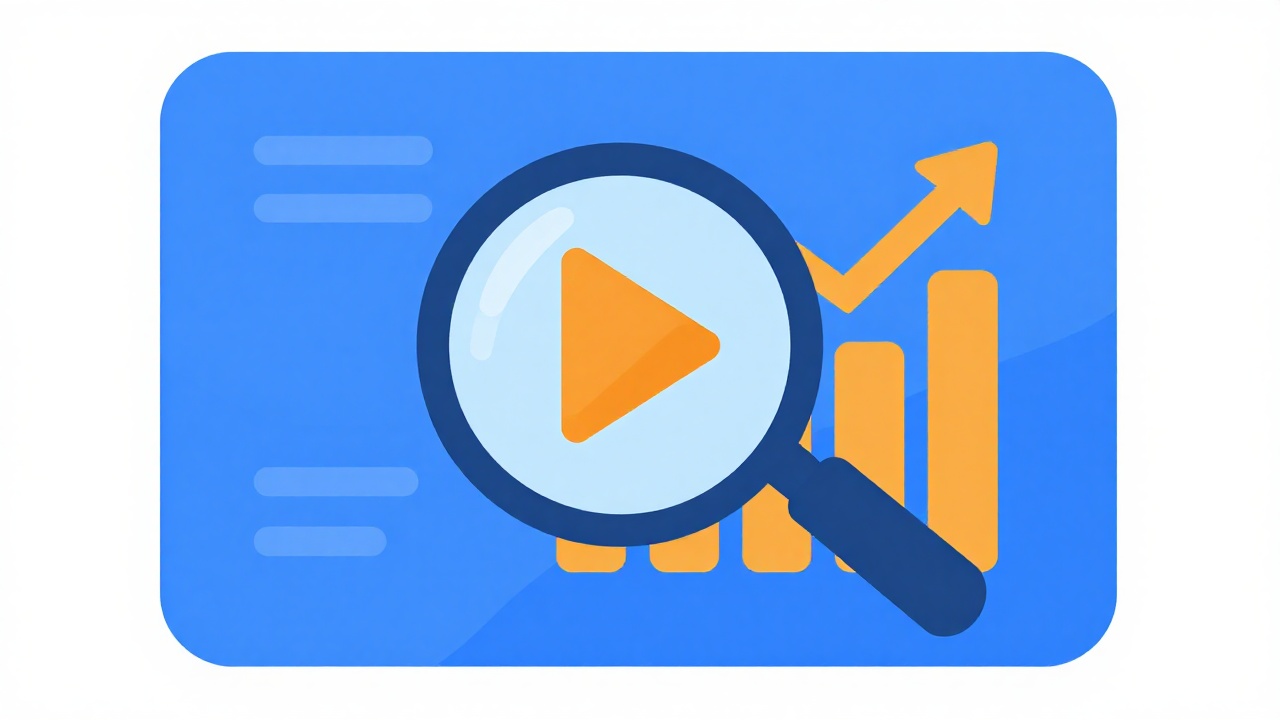Illustration of a video with a magnifying glass and a rising search ranking chart