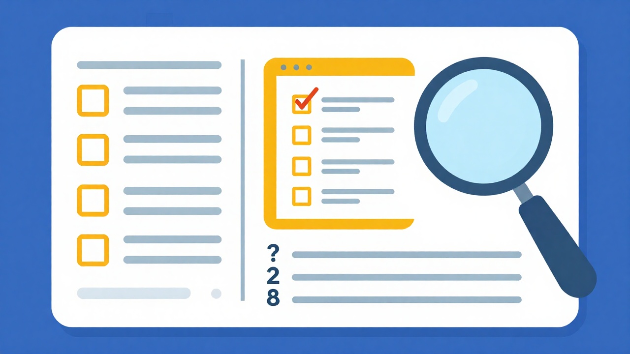 A blueprint layout of an article with sections and an FAQ next to a checklist and a magnifying glass