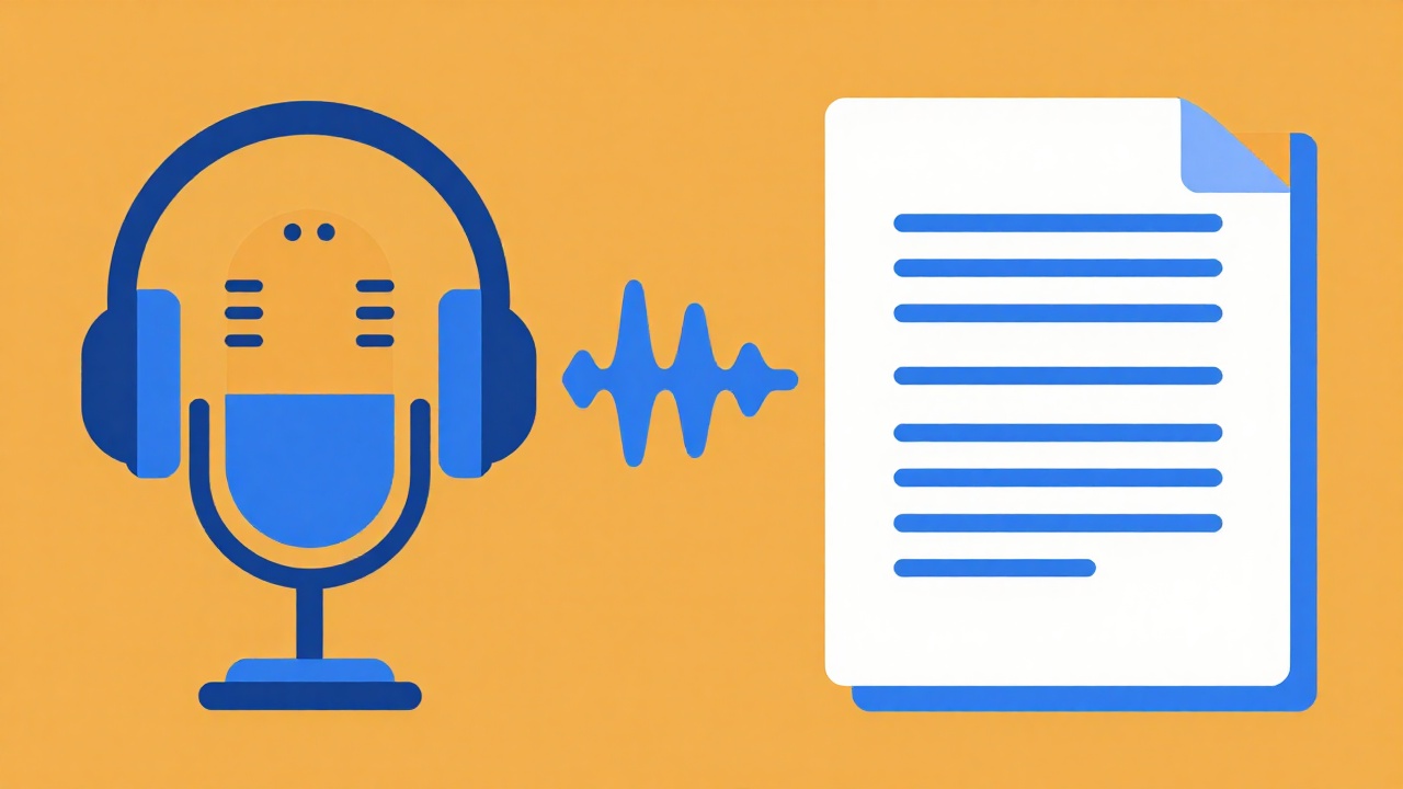 Illustration of a podcast microphone and sound waves turning into a text document