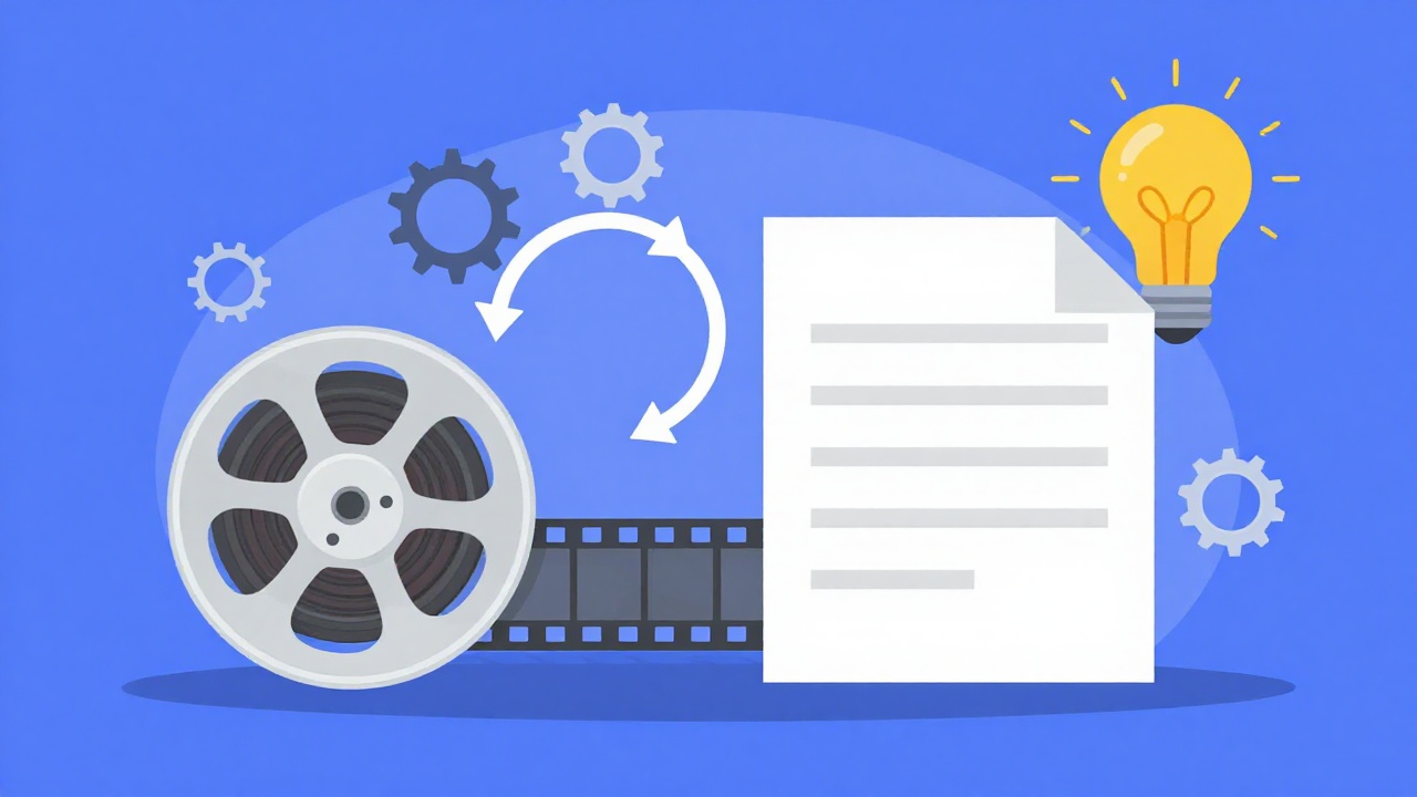 Film reel and written document connected by a loop of arrows, showing a video turning into an article and back