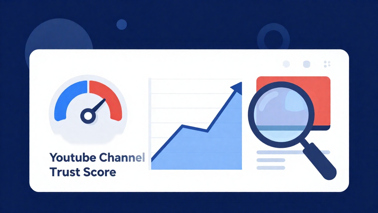 Dashboard style illustration with a gauge, a rising chart and a magnifying glass over a video thumbnail