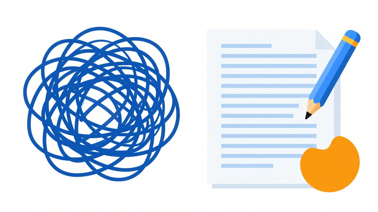 A messy transcript on the left being restructured into a clean, organized article on the right
