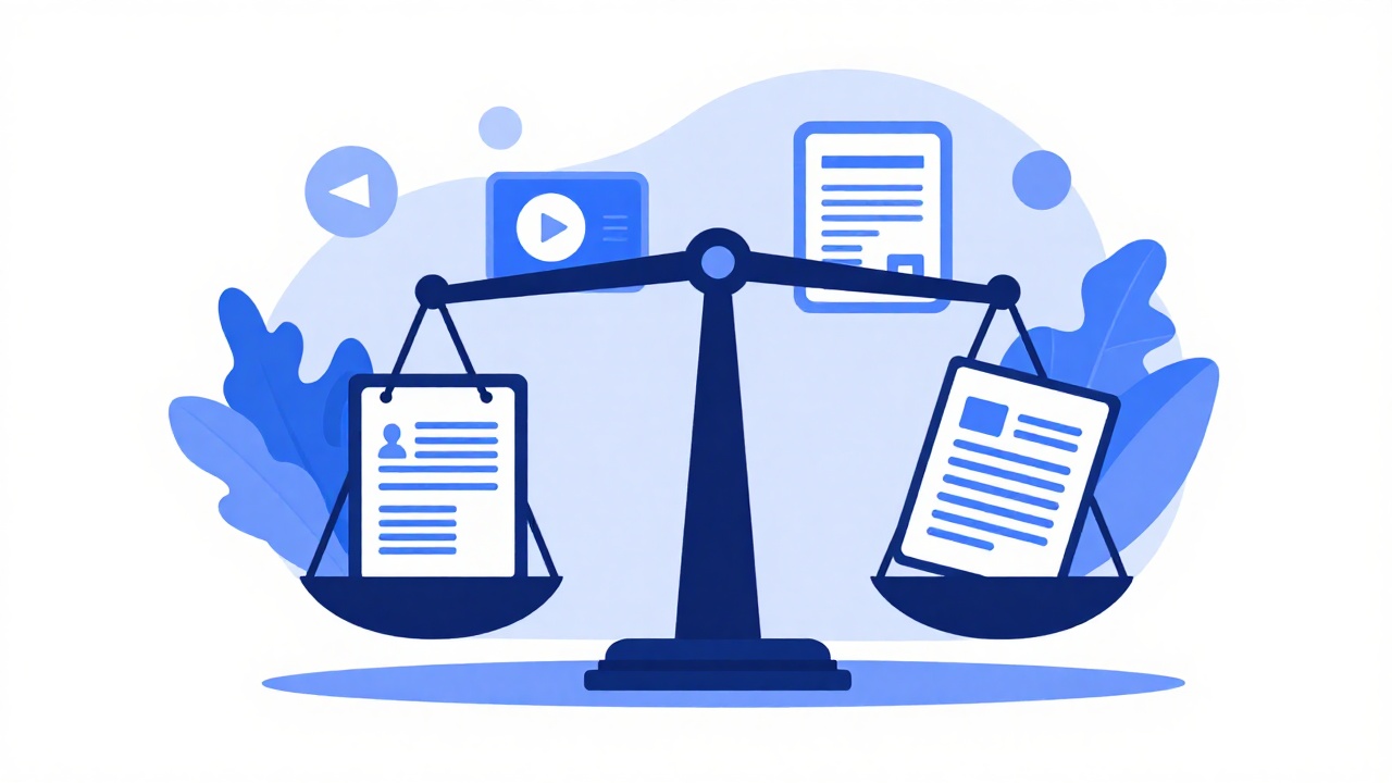 Illustration d'une vidéo et d'un article de blog posés sur les deux plateaux d'une balance