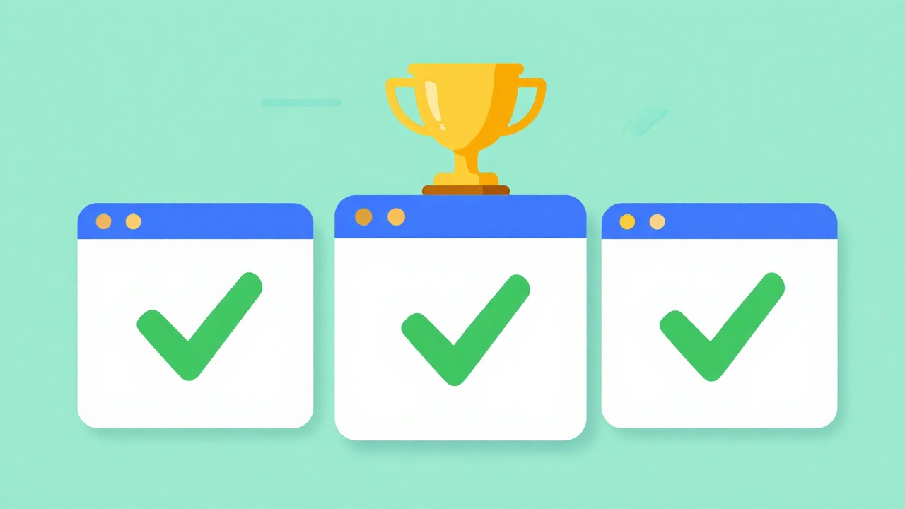 Illustration comparant trois options d'application avec des coches et un trophée