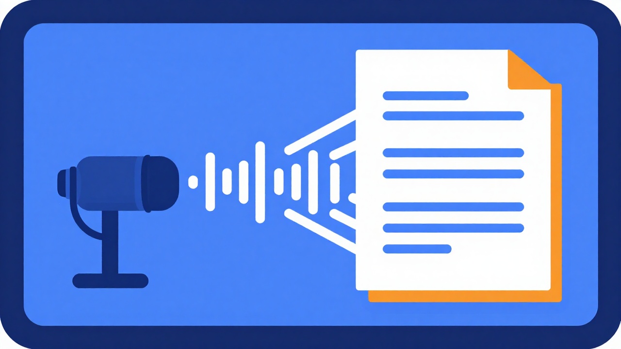 Illustration d'un micro et d'ondes sonores transformant une vidéo en document texte