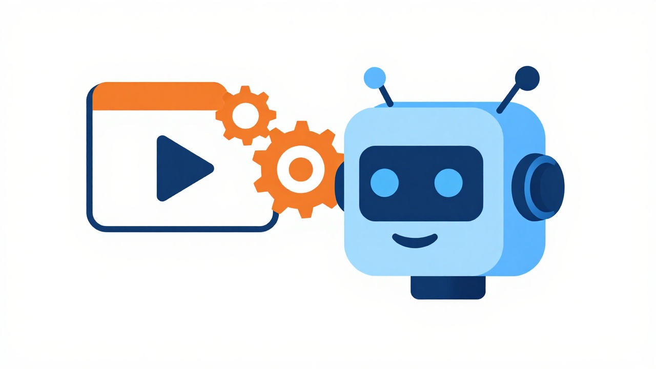 Illustration d'un robot IA transformant une vidéo en document avec des engrenages